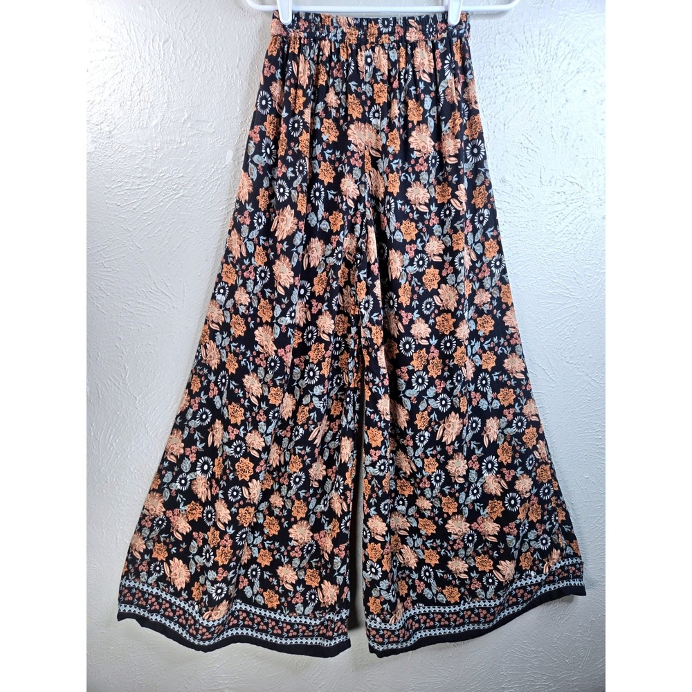 Natural Life Palazzo Pant Black Floral Wide Leg Elastic Waist Pull On Boho Flowy